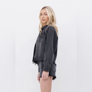 Express Women’s Denim Jacket Small Black Cropped Distressed Raw Hem Jean Jacket